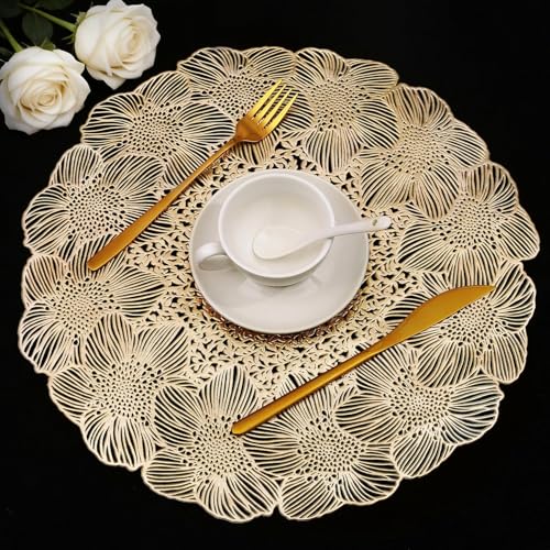 Quantum Love Gold Round Placemats Set of 6 Flower Metallic Circle Vinyl Place Mats 15 Inch Wipeable Hollow Out Table Mat for Anniversary Wedding Events Kitchen - color: Gold Flower