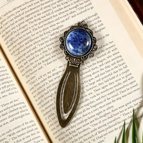 1Pcs Vintage Blue Sodalite Bookmark with Natural Crystal Stone - Fantasy Brass Metal Bookmarks for Reading Women, Men, Book Lovers, Girls and Teachers Book Marks(Sodalite) - color: Sodalite
