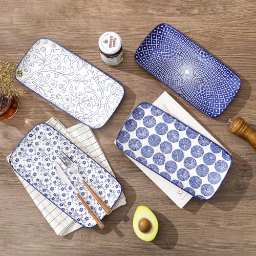 Selamica Ceramic Serving Platters, 14 Inch Serving Trays for Party Entertaining, Large Rectangular Serving Plates for Appetizer, Charcuterie, Dessert, Fruit, Set of 4, Vintage Blue - color: Vintage Blue, size: 14 Inch,Set of 4