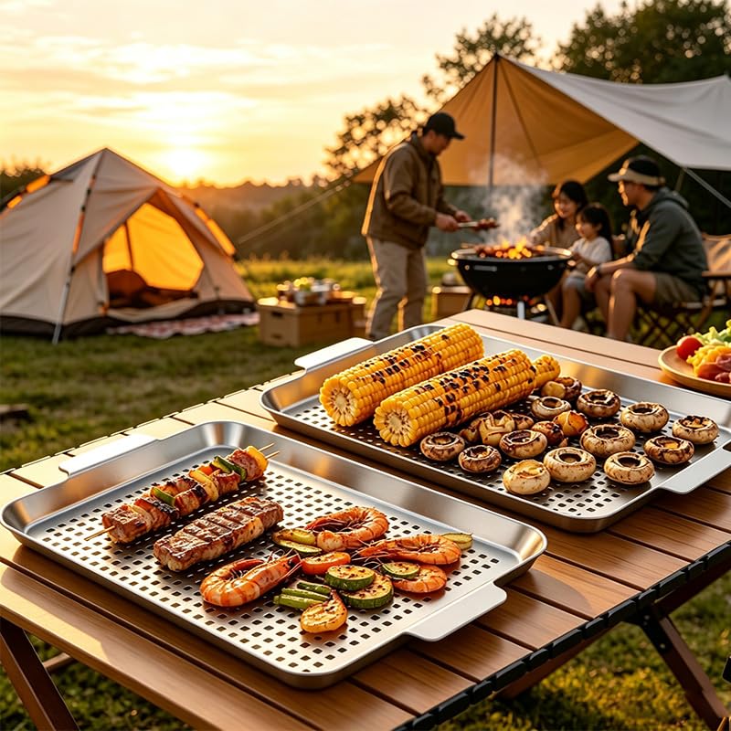 2PCS Grill pan: Stainless steel Grill topper for outdoor grill - easy clean grill topper suitable for camping, picnic, party - size: Middle and large