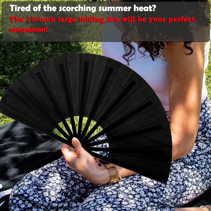 13inch Large Rave Fan Popping Fan Clacking Fans for Line Dancing,Hand Fans for Women Foldable,Boots on The Ground Fan,Portable for Outdoor,Wedding,Party,Decoration(Black,2 Packs) - color: Black