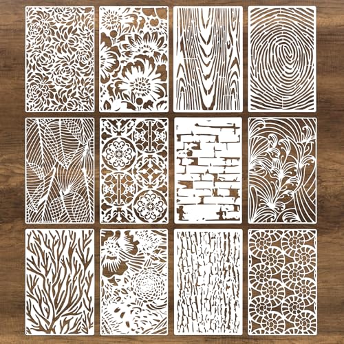 12Pcs Mixed Media Stencils for Crafts, Reusable Stencils for Painting, Wood Grains Flower Texture Templates Geometric Layering Spray Paint Stencils Kit on Wall Canvas Cake Card DIY Art (11×7'') - size: 2.0
