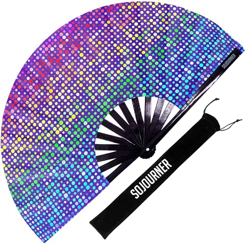 SoJourner Bags Rainbow Lights Rave Fan - Large Folding Clack Fan for Men and Women - Rave Accessories for EDM, Line Dancing, Cosplay, Concerts and More - color: Rainbow Lights