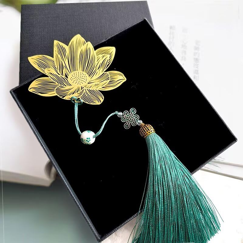 Chinese Metal Bookmarks with Tassels Golden Brass Lotus Flower Bookmark for Women Book Lovers Reader or Librarian - color: Green