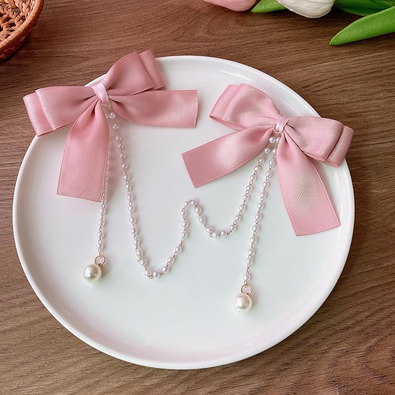 Satin Bow Hair Clips Pearl Tassel Chain Hair Bows Barrettes Pink Bow Claw Clip Hairpins Sweet Bowknot Snap Hair Clip Small Cute Alligator Hair Clips Hair Accessories for Women Girls Toddlers - color: Pink
