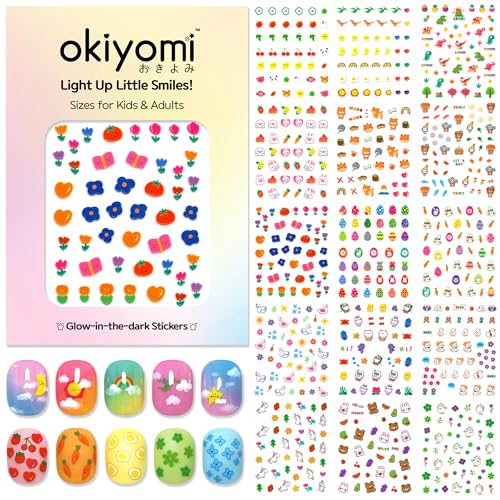 Okiyomi Glow in the Dark Nail Stickers for Kids, 15 Sheets, 735 Decals - color: 3d Set of 15