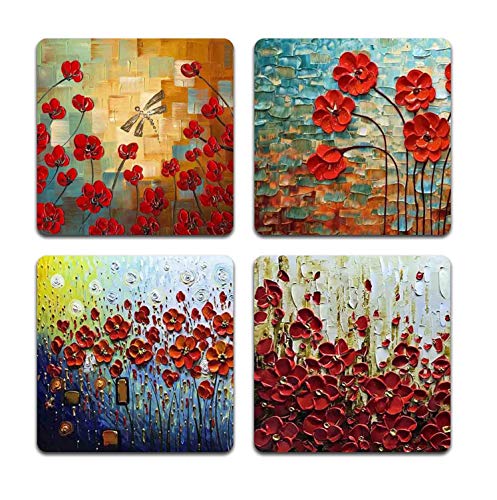 Red Oil Painting Square Coaster Set - Made of Recycled Rubber - Set of 4 - color: Red Oil Painting