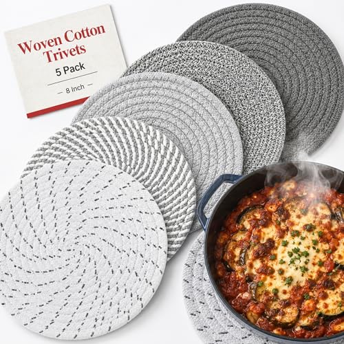 8 Inch Woven Trivets for Hot Dishes, 5 Pack Large Heat Resistant Cotton Hot Pads for Pots, Pans, Coffee Pot, Teapot, Plates & Planters, Farmhouse Boho Kitchen Decor for Table and Countertop