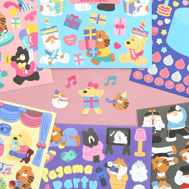 Cute Kawaii Korean Removable Aesthetic Stationery Sticker Pack - 6 Party Theme Sheets(Total 150+) & 1 dalgaru Sticker Sheet for Diaries, journals, scrapbooks, College, School