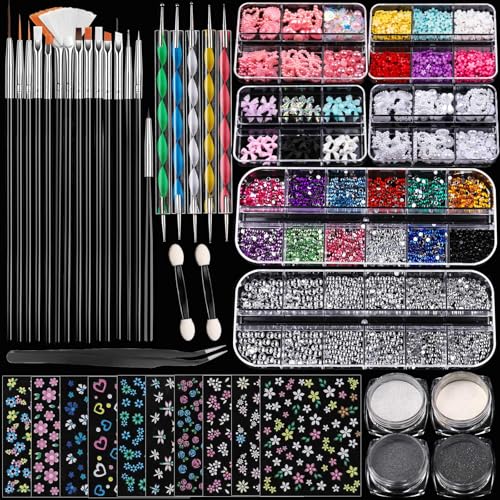 FANDAMEI Nail Art Brushes Set, Nail Art Kits, 3D Nail Charms Nail Design Tools Kit, Nail Set for Beginners ,Nail Dotting Tool, Nail Rhinestones,Chrome Nail Powder,Nail Stickers Nail Art Decoration Kit - color: Black