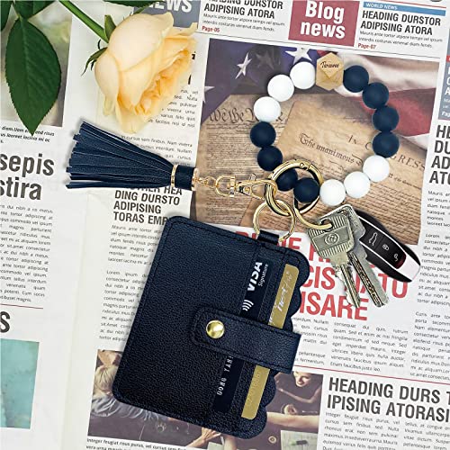 Keychain Wallet Wristlet Small Credit Card Holder Bracelet Key Chain Purse Bangle Tassel Beads Key Rings for Women - color: 01-black a