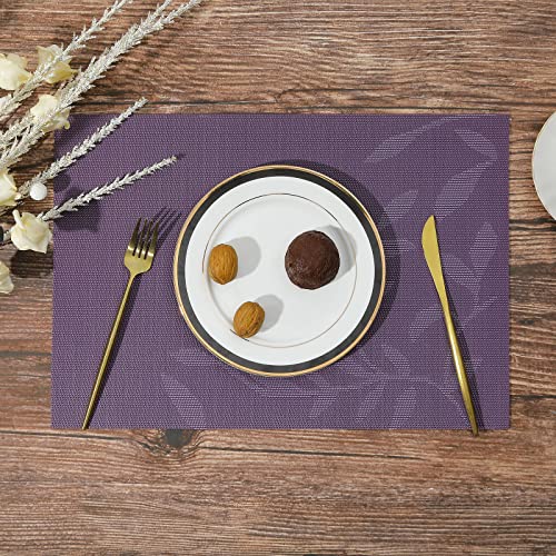 SHACOS Woven Vinyl Placemats Set of 4 Purple Leaf Pattern Place Mats Wipe Clean Durable PVC Heat Resistant Table Mats (4, Leaf Purple) - color: Leaf Purple, size: Set of 4