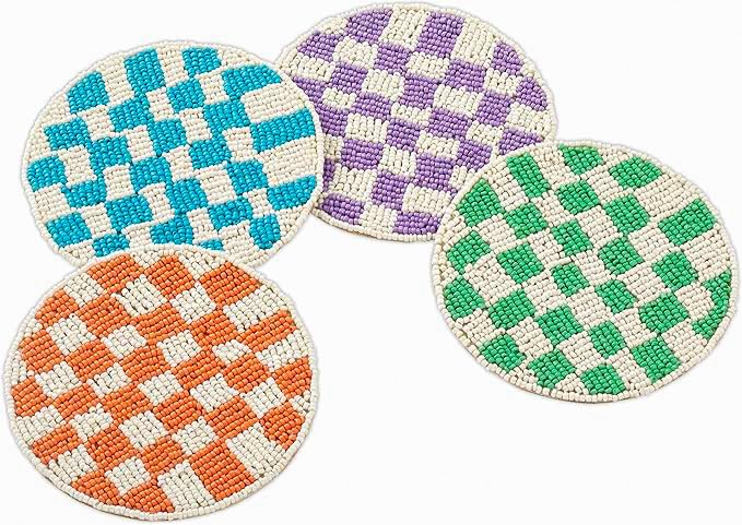 Folkulture Coaster for Drinks | (4") Pack of 4 Multicolor Boho Coasters | Cute Round Boho Coaster | Beaded Drink Coasters for Coffee Table Decor | Round, Beaded, Hand Wash Only - color: Dancing Check