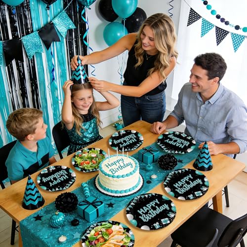 Grencian 96Pcs Happy Birthday Teal Blue Black Party Decorations Serves 24 - style: Peacock Blue Black Birthday