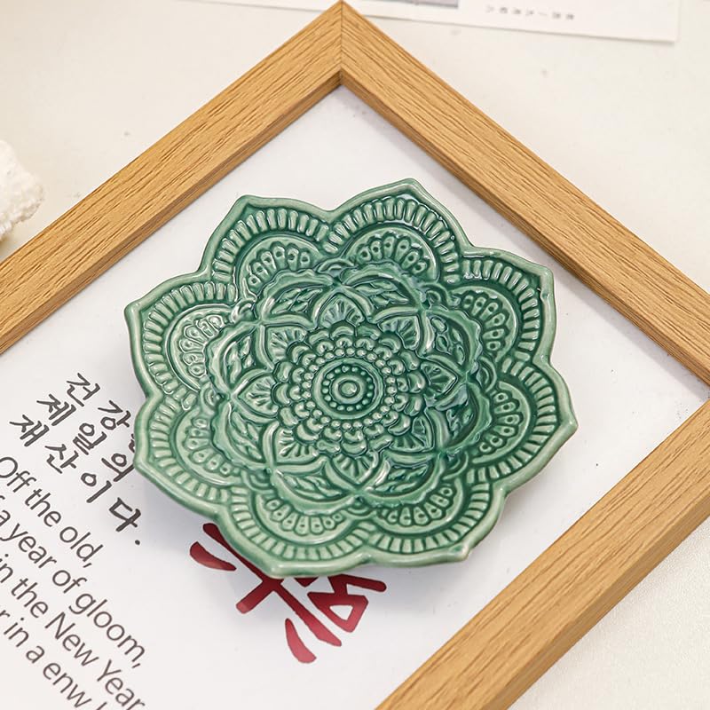 4" Datura Flower Ceramic Jewelry Dish, Ring Tray for Women(Green) - color: Deep Green