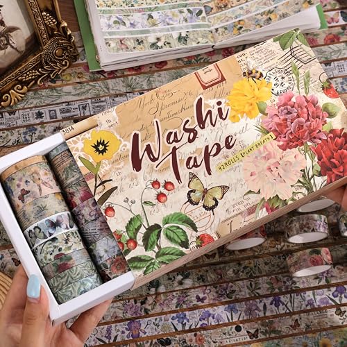42 Rolls Vintage Washi Tape Set, Delicate Butterfly & Lush Floral Botanical Themed Writable Decorative Tapes with Retro Elements for Scrapbooking, Junk Journal Supplies, Bullet Journaling 5-25mm Wide - style: Botanical Style 3