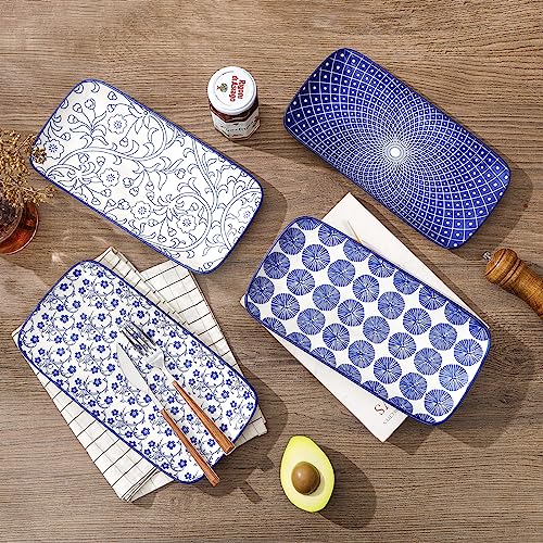 Selamica Ceramic Rectangular Serving Platters Set of 4, 12 Inch Serving Trays/Dishes for Party Entertaining, Rectangular Dinner Plates for Appetizer Salad Dessert Sushi, Vintage Blue - color: Vintage Blue, size: 12 Inch, Set of 4