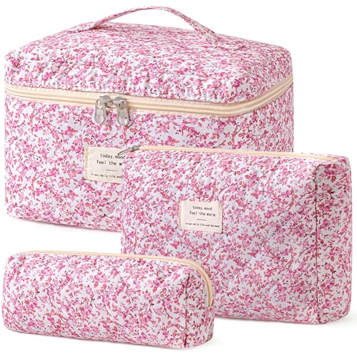 HBselect Quilted Makeup Bag, 3Pcs Cotton Large Travel Makeup Bags Organizer - color: A-3PCS-Floral 20