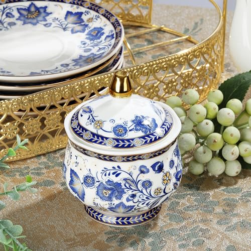fanquare Porcelain Tea Sets,Blue British Coffee Cups& Saucer Service for 6, with Teapot,Sugar Bowl,Creamer Pitcher and Golden Metal Rack - color: Blue Vine