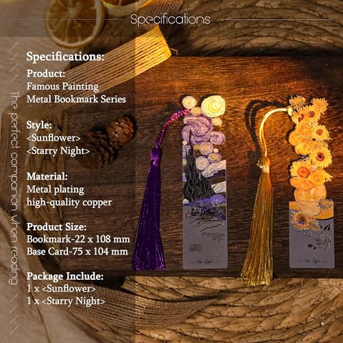 JA&MIU 2PCS Metal Bookmark with Tassel, Oil Painting Sunflower & Starry - style: Sunflower and Starry Night
