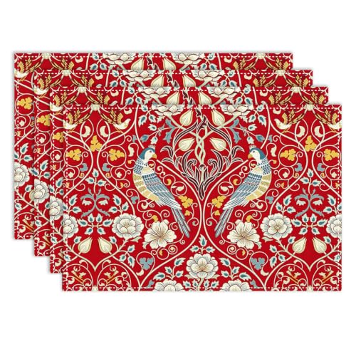 Vintage Floral Placemats Set of 4, 12x18 Inch William Morris Red Boho Rustic Ethnic Flower Bird Seasonal Farmhouse Holiday Table Mats for Party Kitchen Dining Decoration - color: Floral Bird08, size: 4pcs