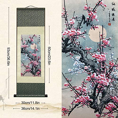 AtfArt Silk Scroll Painting, Asian Wall Art, Red Plum, 36.2x12in - color: C1