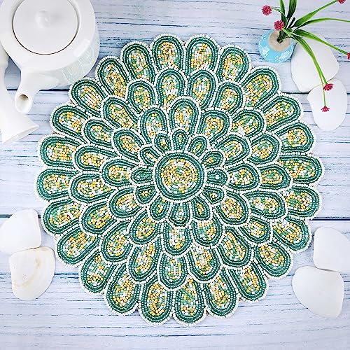 13 inch Round Beads Placemats Handcrafted Glass Beaded Polyester Table Mats - Place Mats for Harvest Autumn Kitchen Dining Party Table Decor Festival Everyday Use (Green White) - ALPHA Living HOME - color: Teal Light Ivory, size: Set of 1