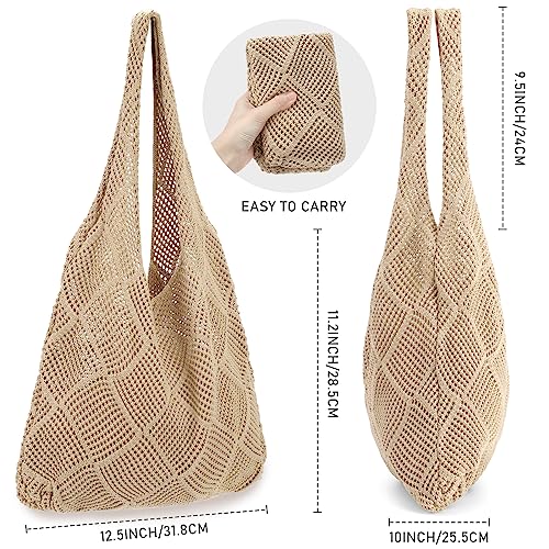 hatisan Crochet Bag for Women, Handmade Knit Beach Tote Bag Summer - color: A-khaki
