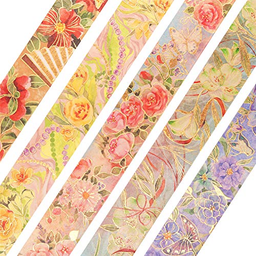 YUBBAEX Blooming Washi Tape Set Gold Foil Masking Tape Peony Wide Decorative for Arts, DIY Crafts, Journal Supplies, Planners, Scrapbook, Card/Gift Wrapping -25mm- (Red Flowers) - color: Red Flowers