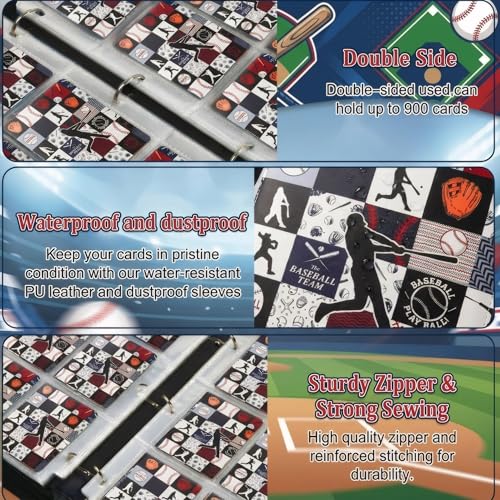 Card Binder 9 Pocket, Black White Baseball, 900 Cards, PU Leather - color: Black White Baseball