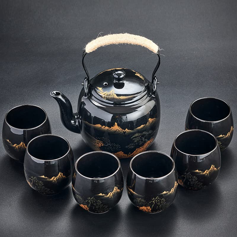 Gift Set Japanese Tea Set, Asian Black Glazed Ceramic Tea Set - Contains 1 Teapot, 1 Tea Strainer and 6 Teacups. Ideal for Home, Outdoor, Office (Black1) - color: Black1