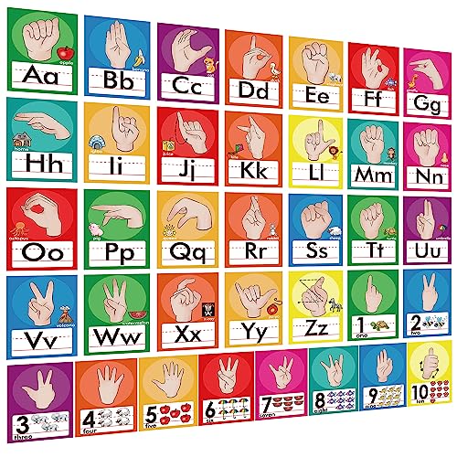 36 Pieces ASL Alphabet Line Bulletin Board Set ABC Number Sign Language Flash Cards Wall Decorations for Pre-School Kindergarten Elementary Classroom Nursery Homeschool (Bright Colors) - color: Bright Colors