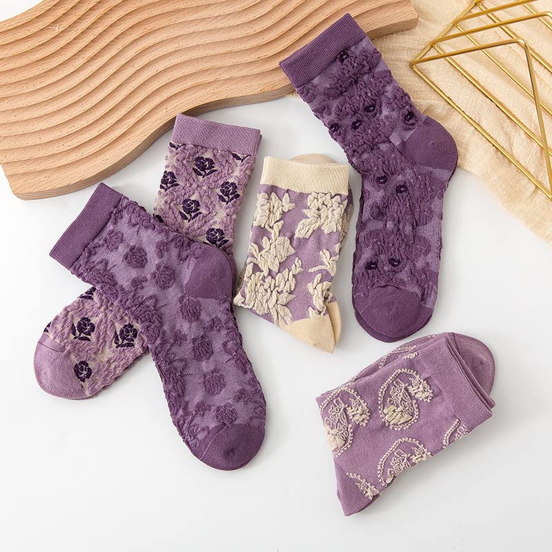 Vintage Embroidered Floral Socks for Women Combed Cotton Crew Socks - color: 5 Pairs - Purple