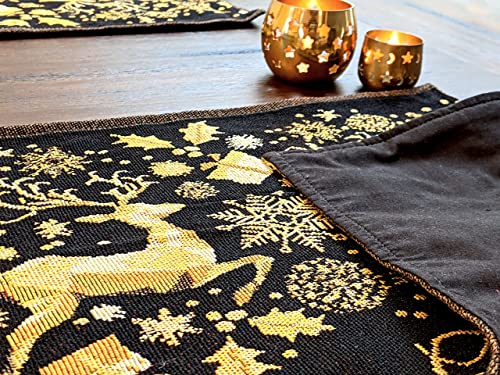 DaDa Bedding Set of 4-Pieces Magical Golden Reindeer Tapestry Placemats - Starry Winter Snowflake Festive Merry Christmas Holiday Yellow & Black - Needle Stitched Woven Table Mats - 13” x 19” - color: Magical Deer