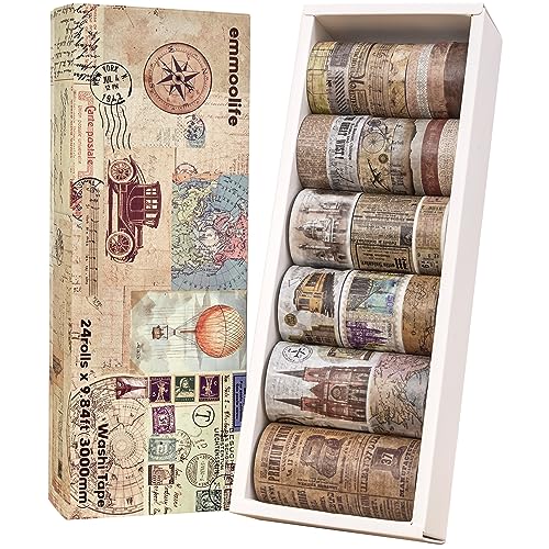 24 Rolls Vintage Washi Tape Set, Antique Car Buildings Map Stamp Stripe Writable Aesthetic Washy Decorative Tapes for Scrapbooking, Junk Journal Supplies, Bullet Journaling 5-75mm Wide (3m Long)/Roll - style: Retro Memory