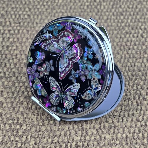 Mother of Pearl Compact Mirror, Vintage Shell Butterfly Pocket Mirror