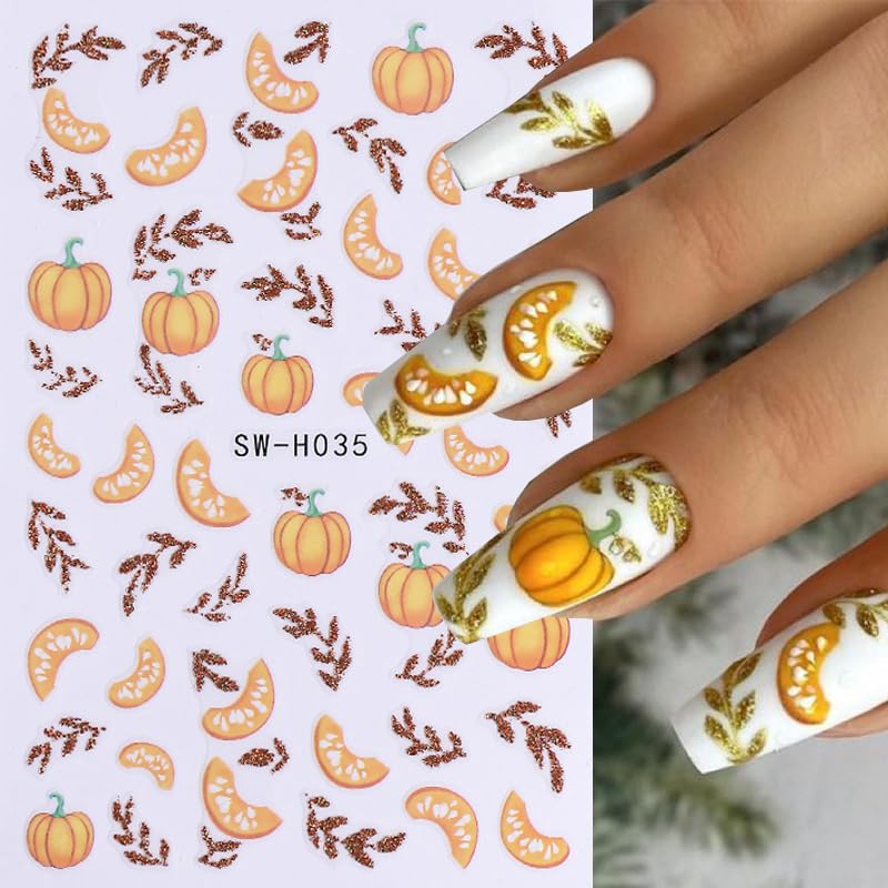 Fall Nail Art Stickers Autumn Leaf Pumpkin Nail Decals 3D Self-Adhesive Nail Art Supplies 6PCS Maple Leaves Pumpkin Nails Design Fall Stickers for Nails Women DIY Manicure Decorations Accessories - style: style7