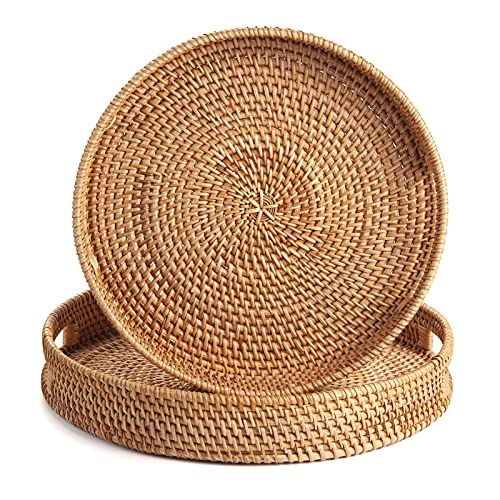 Coffee Table Tray Round Rattan Ottoman Tray Woven Serving Trays with Handles for Home and Kitchen Decorative Natural (Large 14 inch x 2.4 inch) - color: Natural, size: 14"