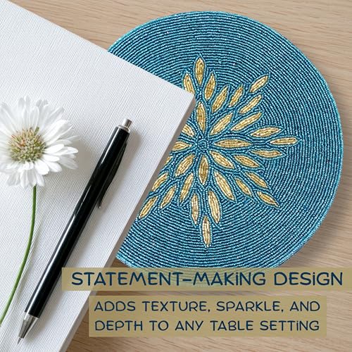 ALPHA Living HOME Beaded Table Mat, 13" Round, Gold Teal - color: Gold Teal, size: Set of 1