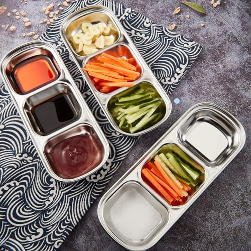 Maxcheck 12 Pcs Soy Sauce Dish Stainless Steel Divided Dip Bowls Korean 3 Compartment Sauce Plate Seasoning Dipping Condiment Tray for BBQ Vinegar Spice Salt Sugar Flavor Home Restaurant (Silver) - color: Silver