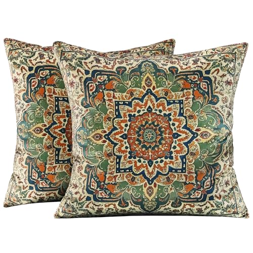 Boho Soft Velvet Throw Pillow Covers 18x18 in Vintage Pattern - color: Green, size: 18" x 18" (Pack of 2)