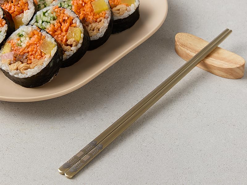 Korean Matte Gold Stainless Steel Chopsticks, 2 Pairs, Dancheong Engraved - color: Gold