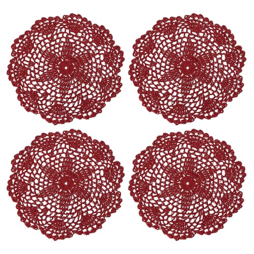 uxcell Lace Doilies, 4pcs 8" - Cotton Woven Round Crochet Coaster, Floral Design Fabric Handmade Placemat for Drink Wedding Party Decoration (Wine Red) - color: Wine Red