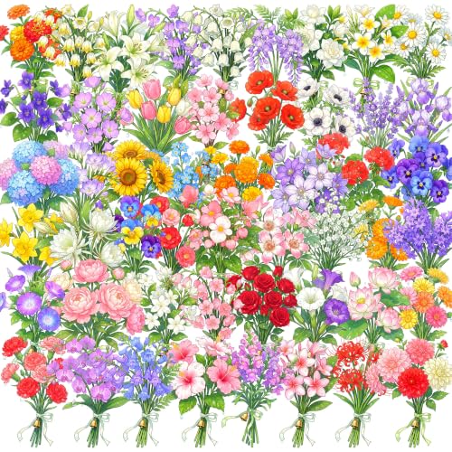 50Pcs Flower Stickers, Roses Tulips Lavender Floral Bouquet Decals, Flower Vinyl Waterproof Stickers for Water Bottle Laptop Scrapbook Journal Phone Decor Party Favors DIY Crafts Birthday Gifts - color: Bouquet