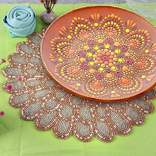 Beaded Placematss - 13” Round Charger Plates Handmade Glass Bead & Polyester Table Mats for Dining & Coffee Tables - Elegant Holiday & Home Décor (Ivory Gold) - ALPHA Living HOME - color: Gold Silver Light, size: Set of 1
