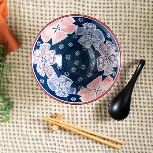 Urban Tokyo 24oz Large Ceramic Ramen Bowl Set with Chopsticks, Spoon & Bamboo Rest – Oriental Japanese Design, Microwave & Dishwasher Safe, Flower Design - color: Pink and Green