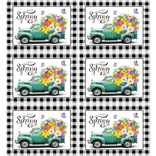 Happy Spring Placemats Set of 6 Black White Plastic Table Mat 17×13×0.04in - style: Flowers Trucks