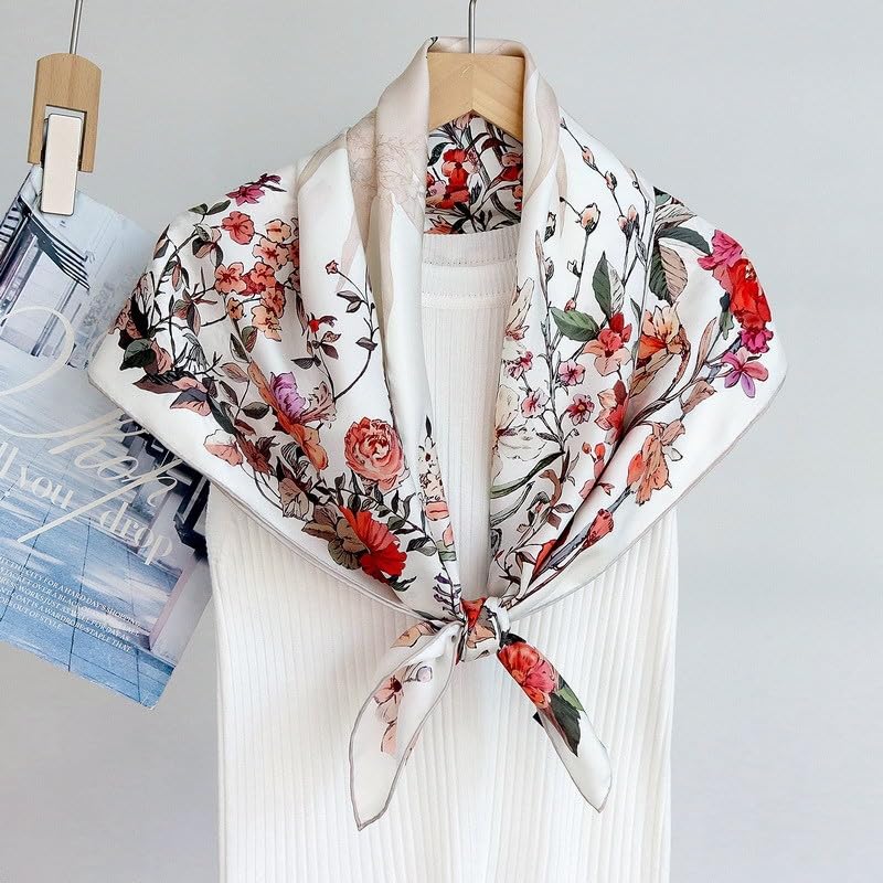 ANDANTINO 100% Mulberry Silk Scarf -Women 35" Square Hair Wraps-Gift Packed - color: Floral-white-twill