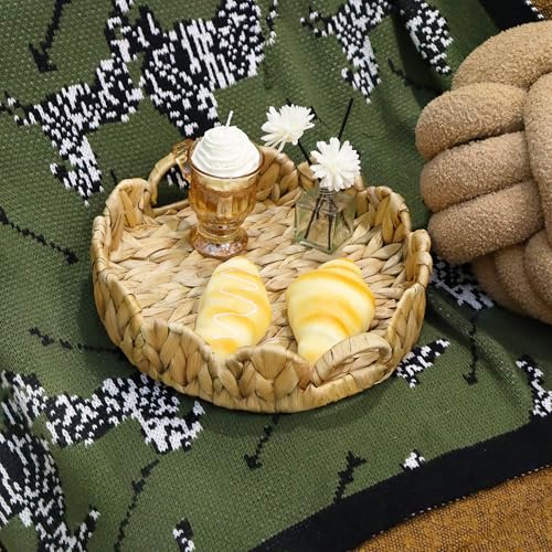 GYASVWU Water Hyacinth Scalloped Tray with Handles,Round Wicker Serving Trays for Coffee Table,Woven Tray for Ottoman Decorative and Organizer Trays (Water Hyacinth) - color: Water Hyacinth