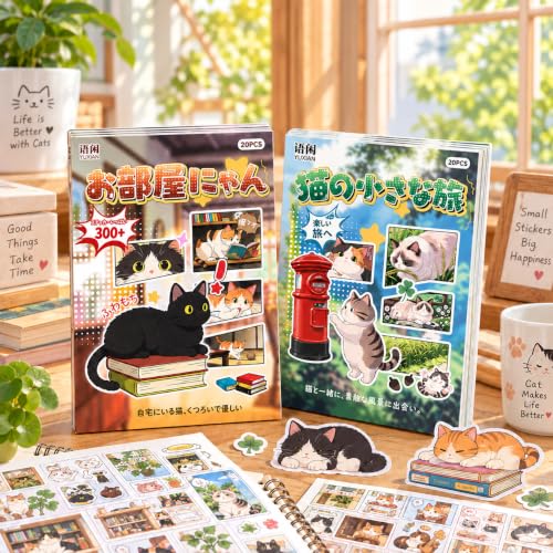 2 Pack Cat Sticker Books,Kawaii Stickers for Journaling & Scrapbooking(E+F) - color: E+f